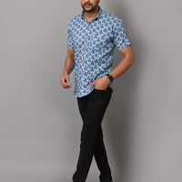 Floral Mark On Sky Base Premium Katha Shirt