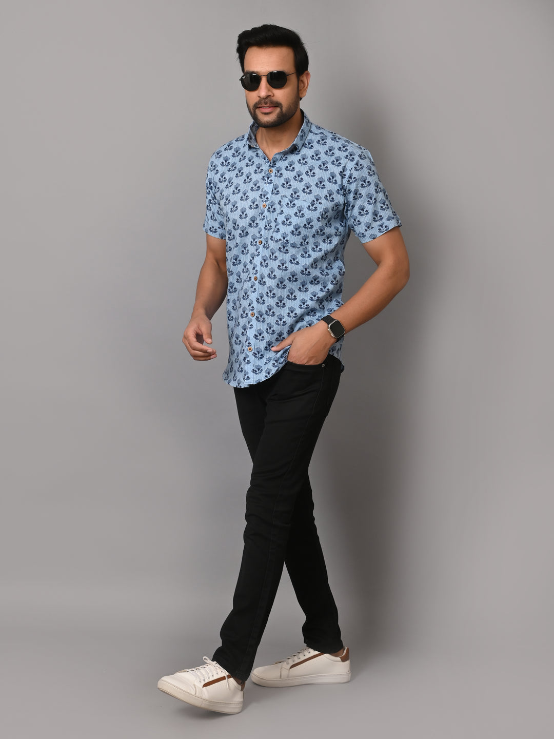 Floral Mark On Sky Base Premium Katha Shirt