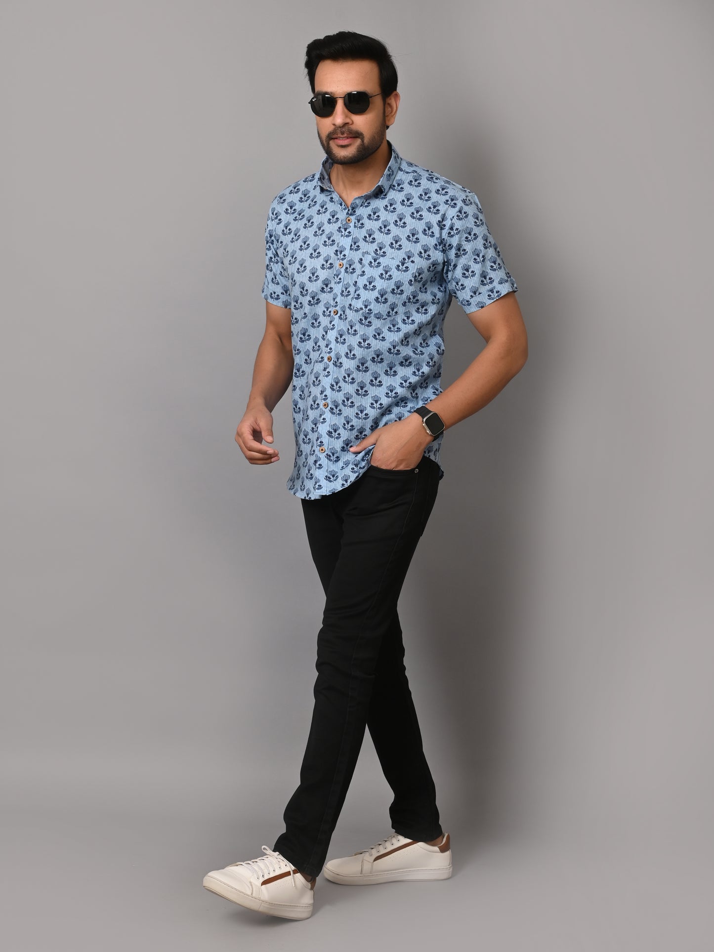 Floral Mark On Sky Base Premium Katha Shirt