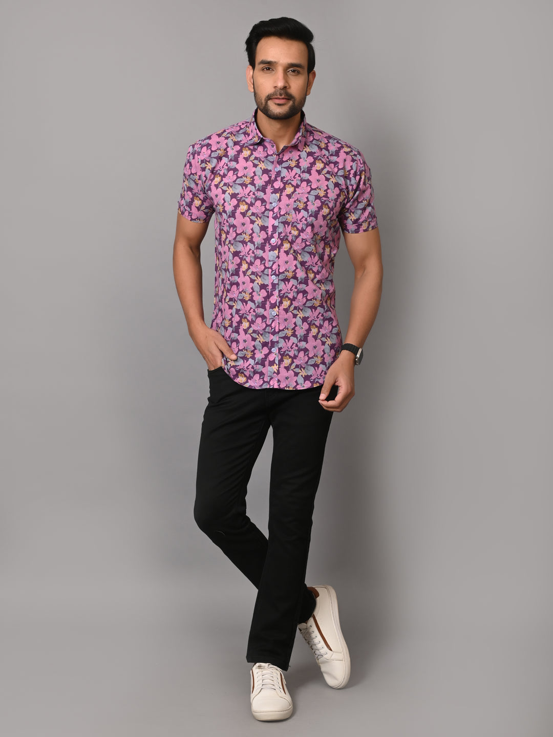 VJR Premium Pink Floral on Lavender Base Half Sleeves