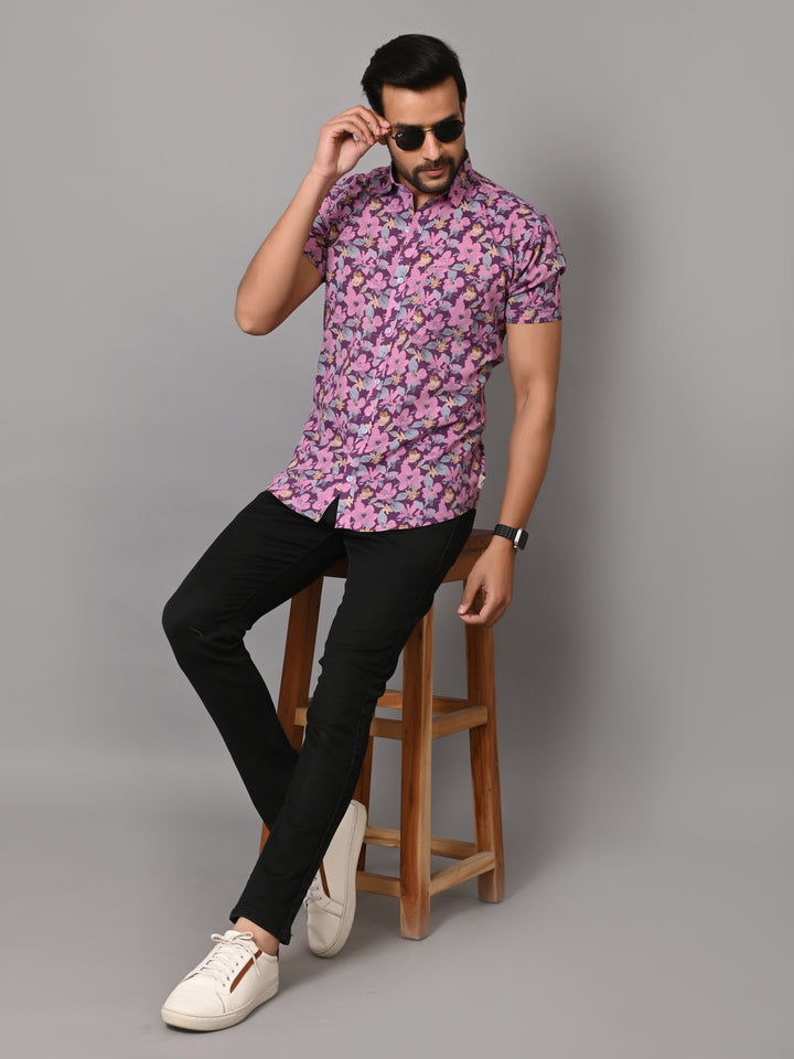 VJR Premium Pink Floral on Lavender Base Half Sleeves