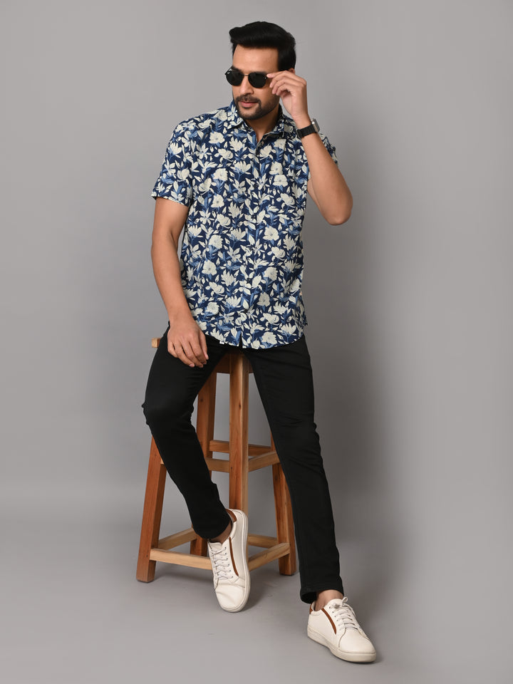 VJR Premium Stylish Blue Floral Half Sleeves