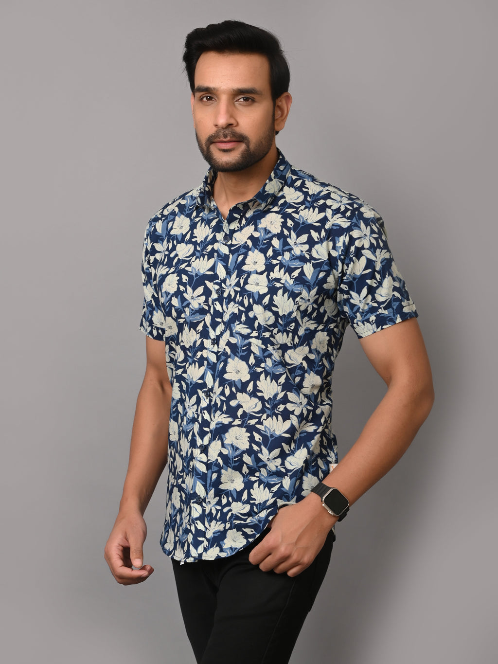 VJR Premium Stylish Blue Floral Half Sleeves