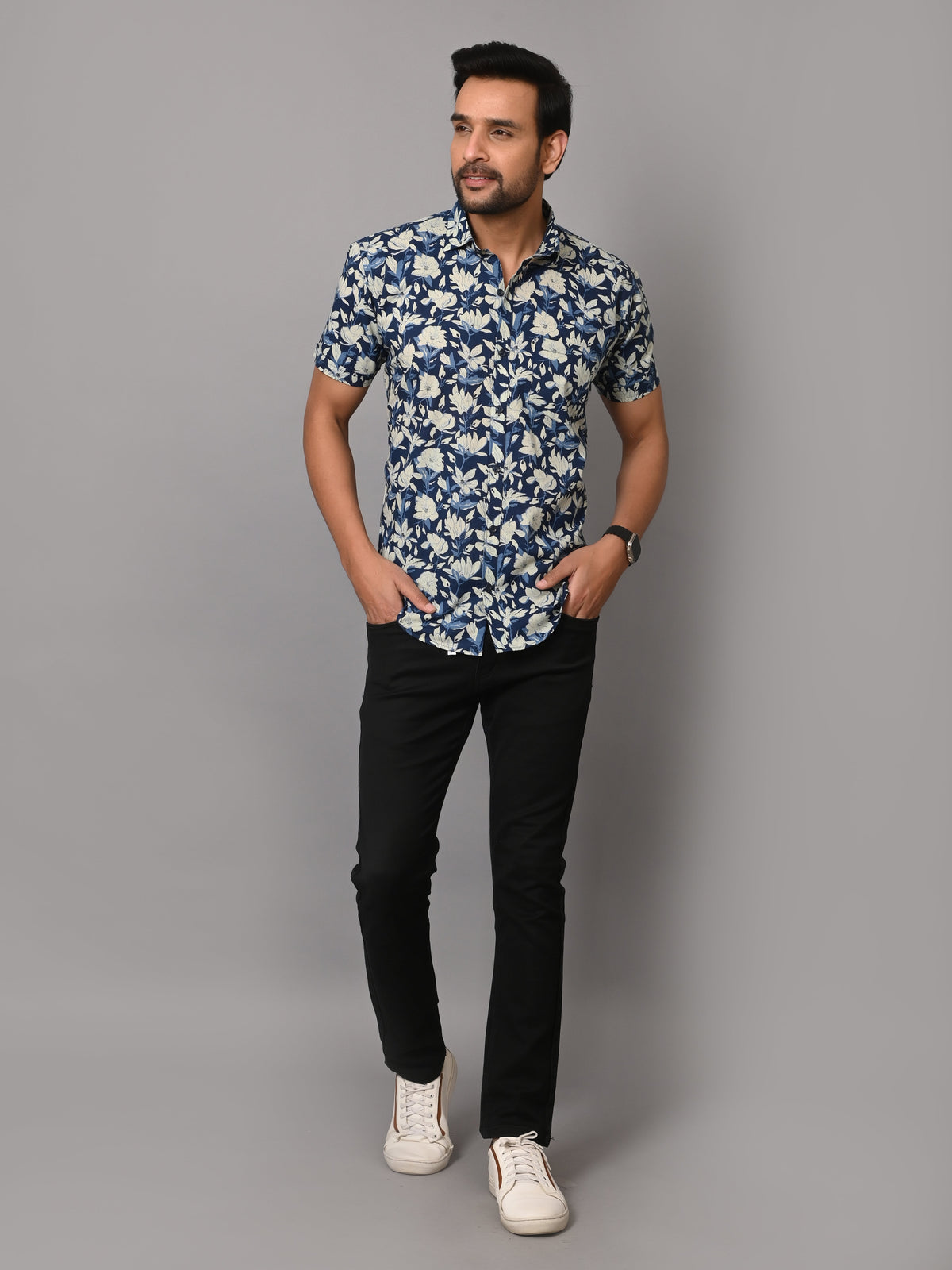 VJR Premium Stylish Blue Floral Half Sleeves