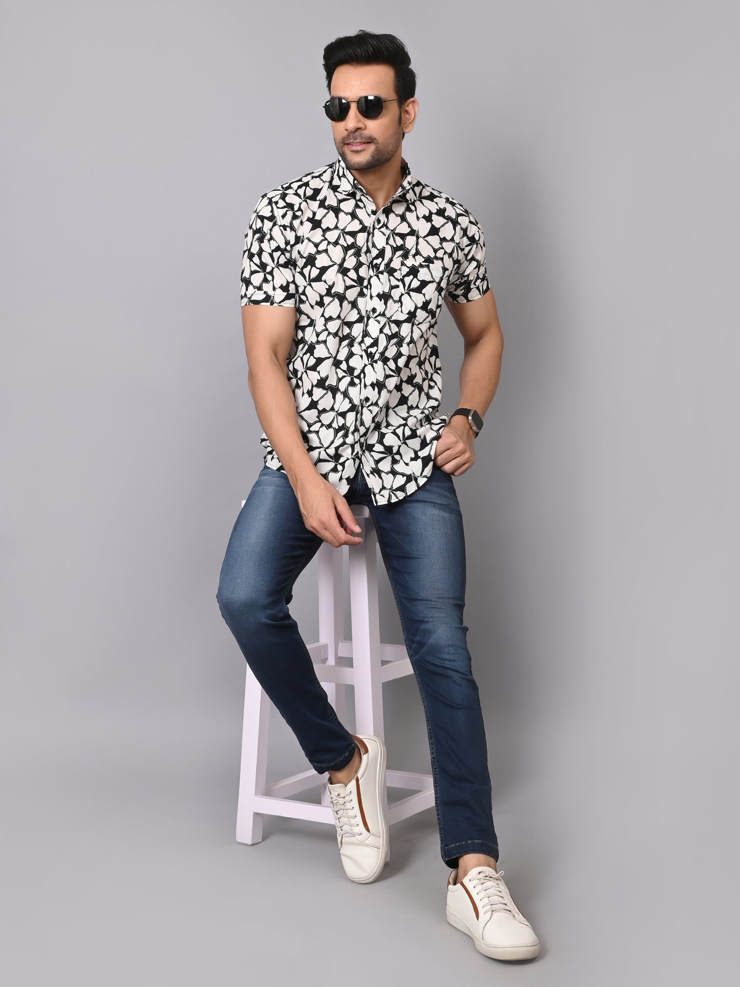 Noir Floral Elegance Half Sleeve Shirt