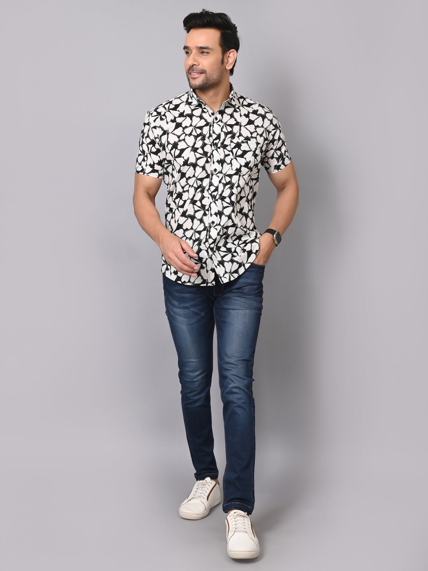 Noir Floral Elegance Half Sleeve Shirt