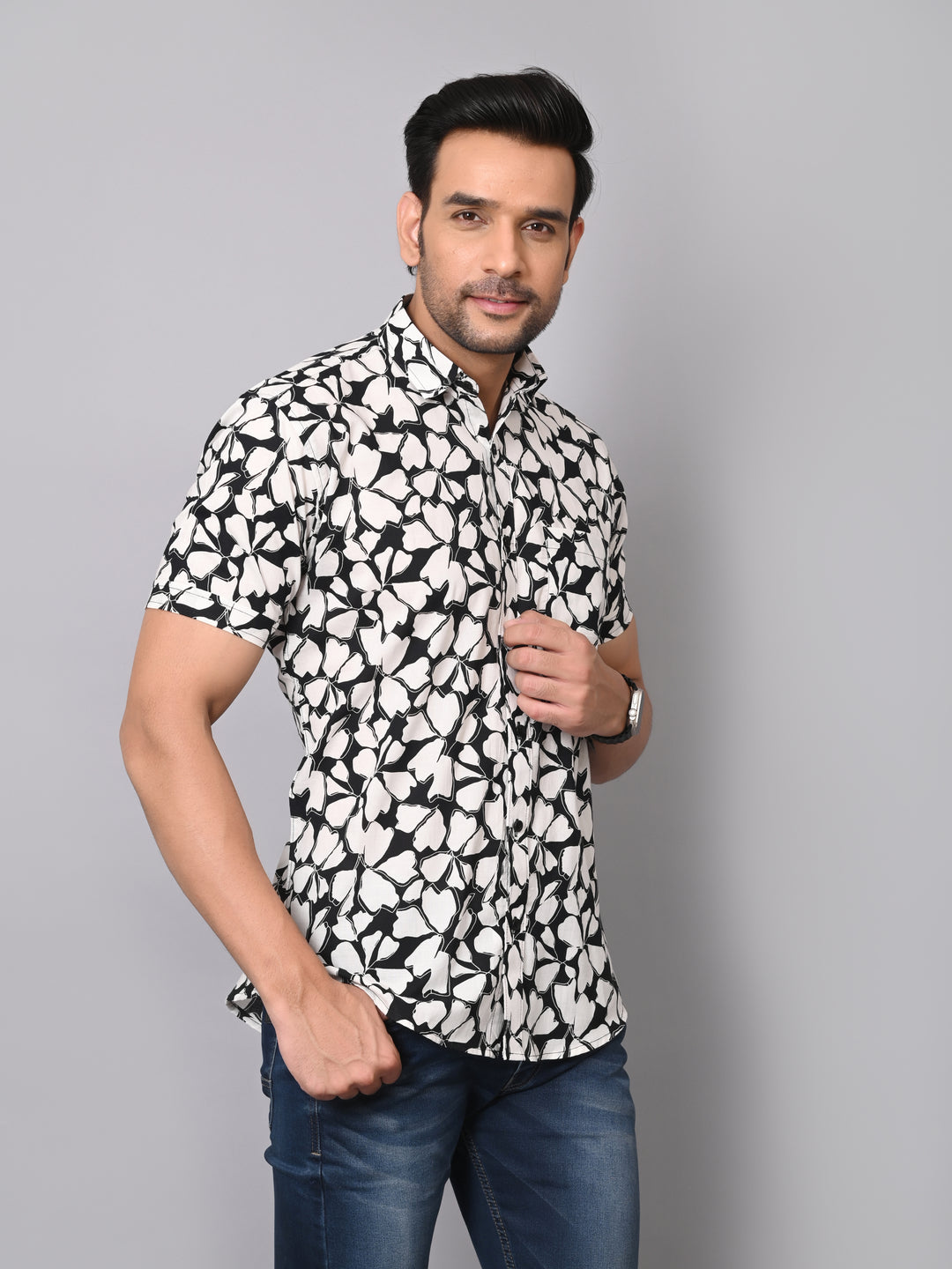 Noir Floral Elegance Half Sleeve Shirt