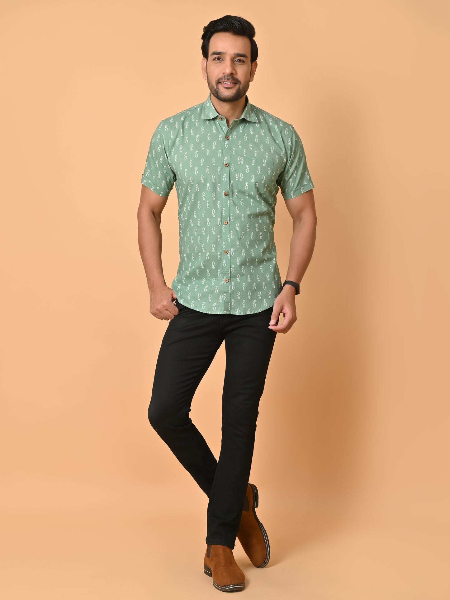 VJR Green Base White Floral Printed Shirt