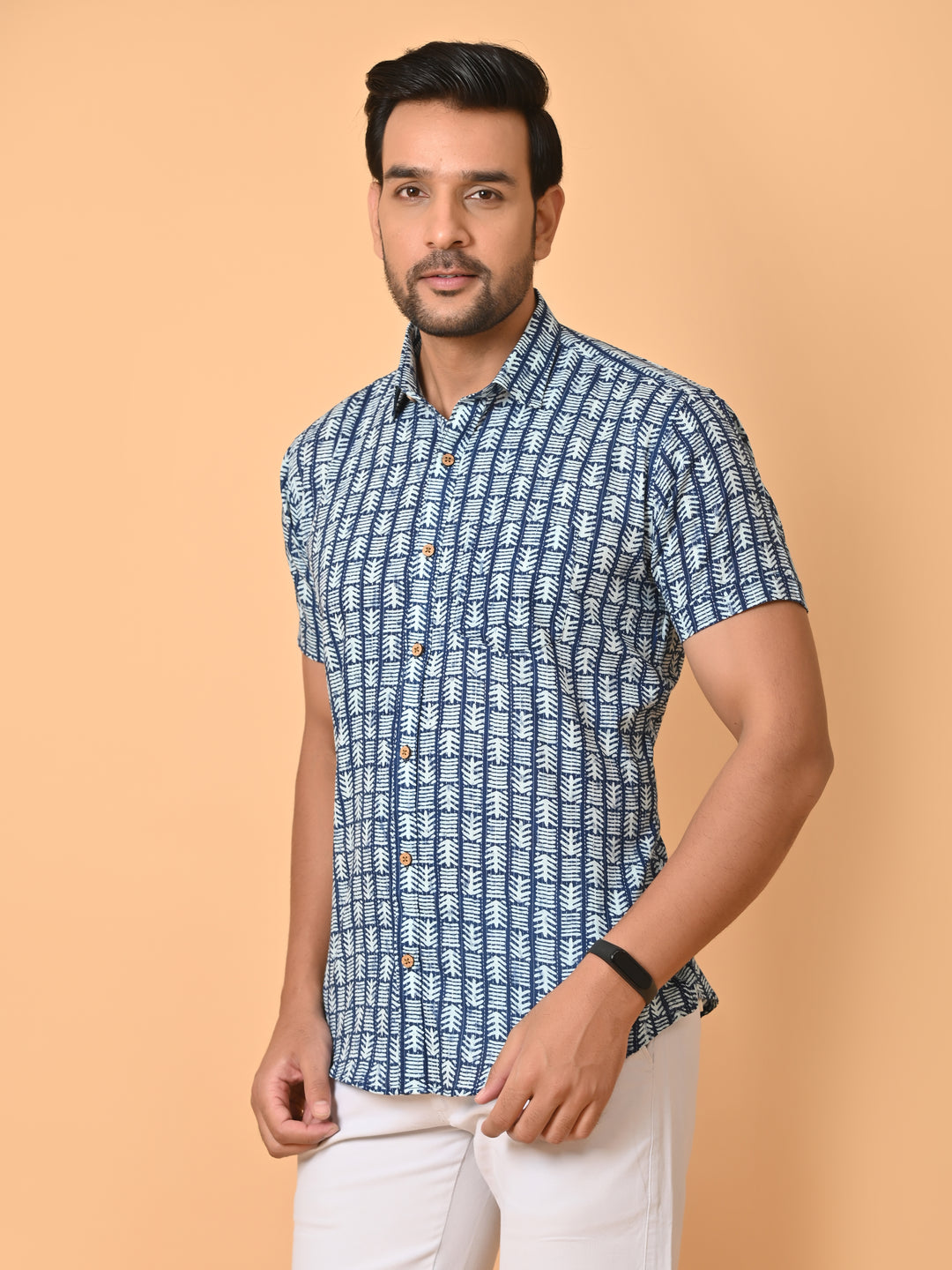 VJR Katha Nautical Chevron Patterned Block Printed Shirt