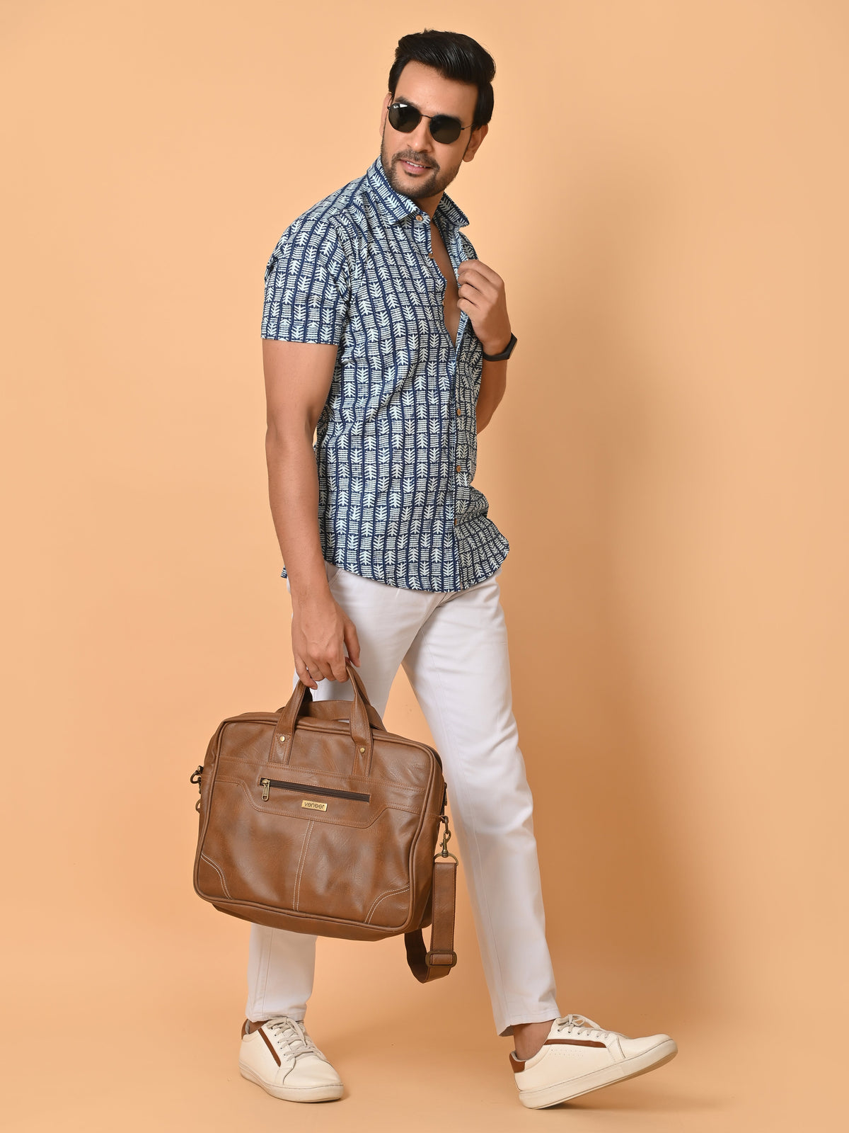 VJR Katha Nautical Chevron Patterned Block Printed Shirt