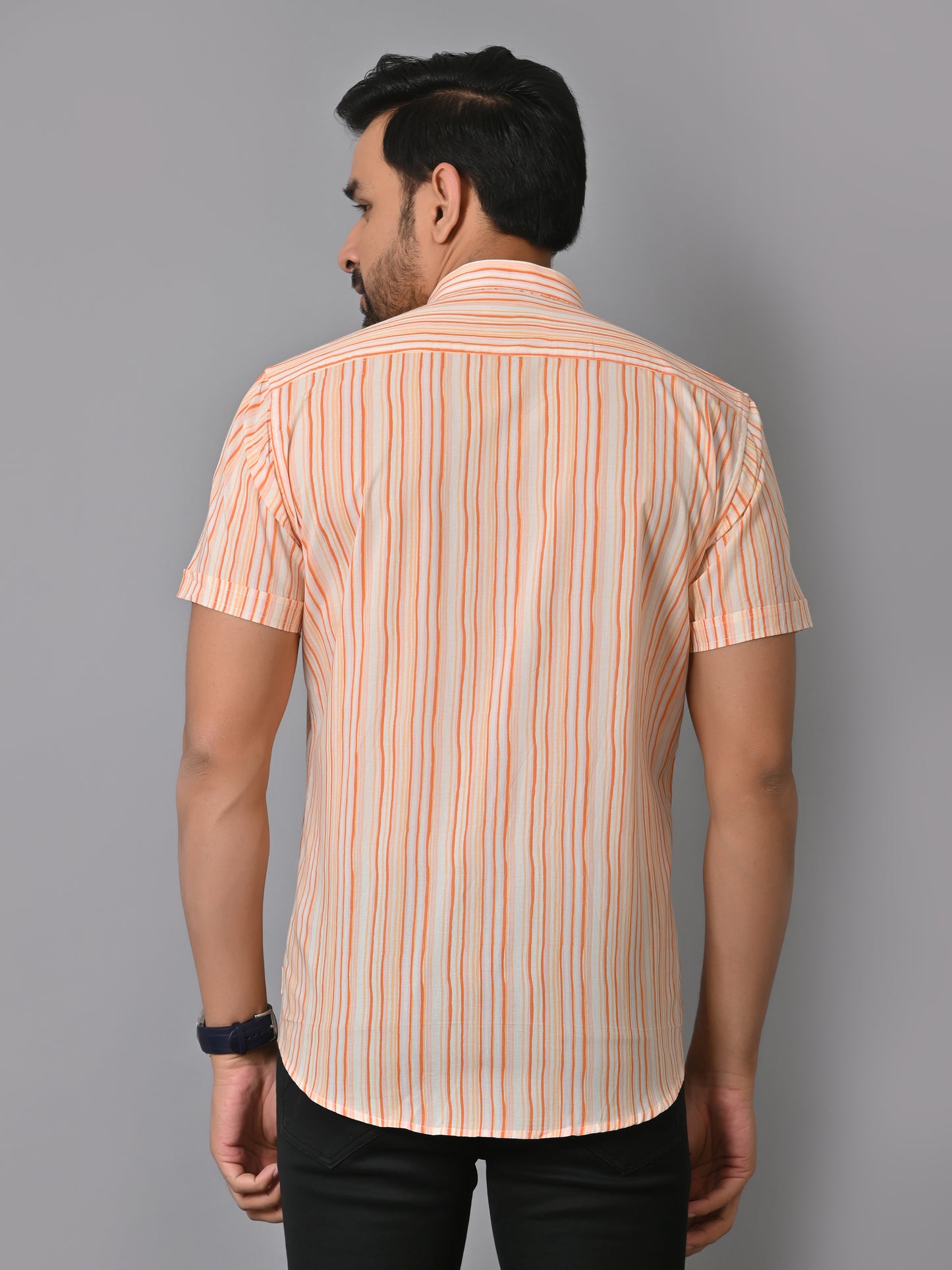VJR Cream Based Orange Stripe Printed Shirt