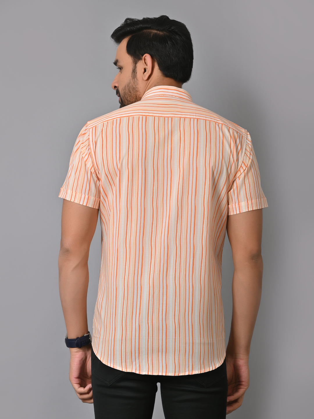 VJR Cream Based Orange Stripe Printed Shirt