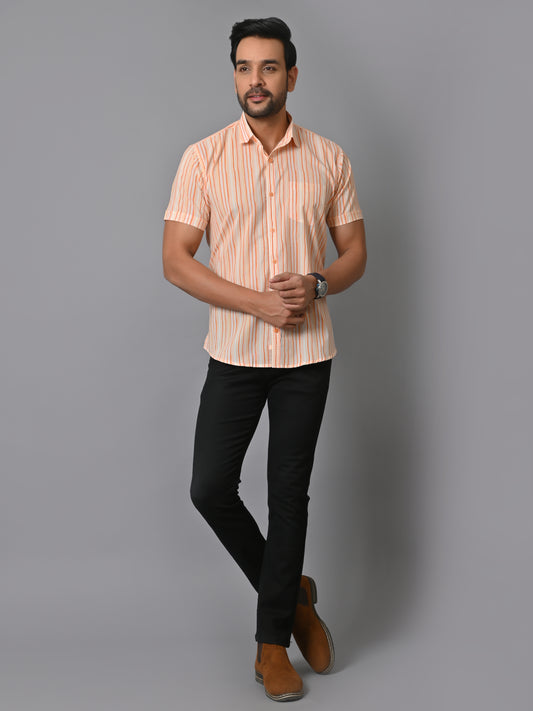 VJR Cream Based Orange Stripe Printed Shirt