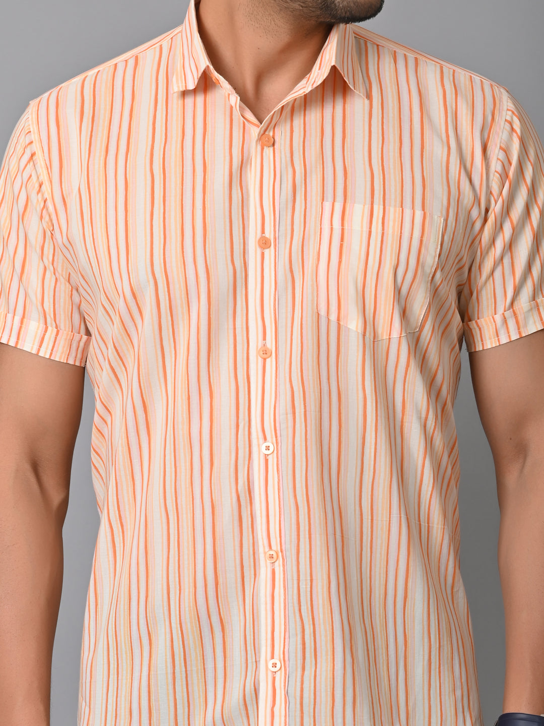 VJR Cream Based Orange Stripe Printed Shirt