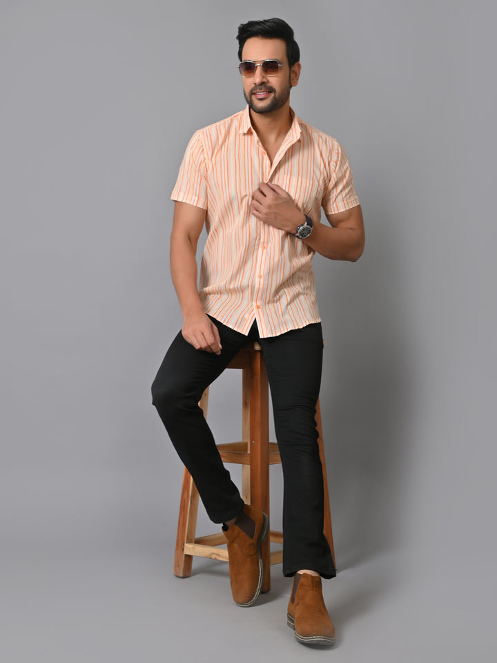 VJR Cream Based Orange Stripe Printed Shirt