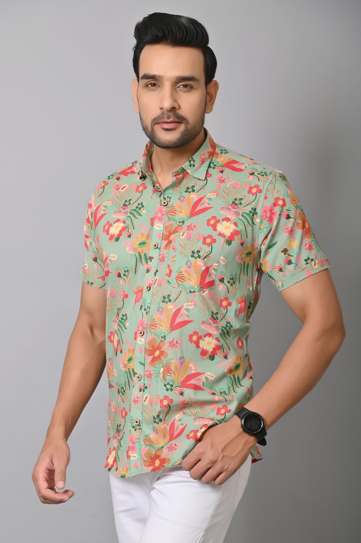 VJR Party Attraction Floral Print Green Base Premium Shirt