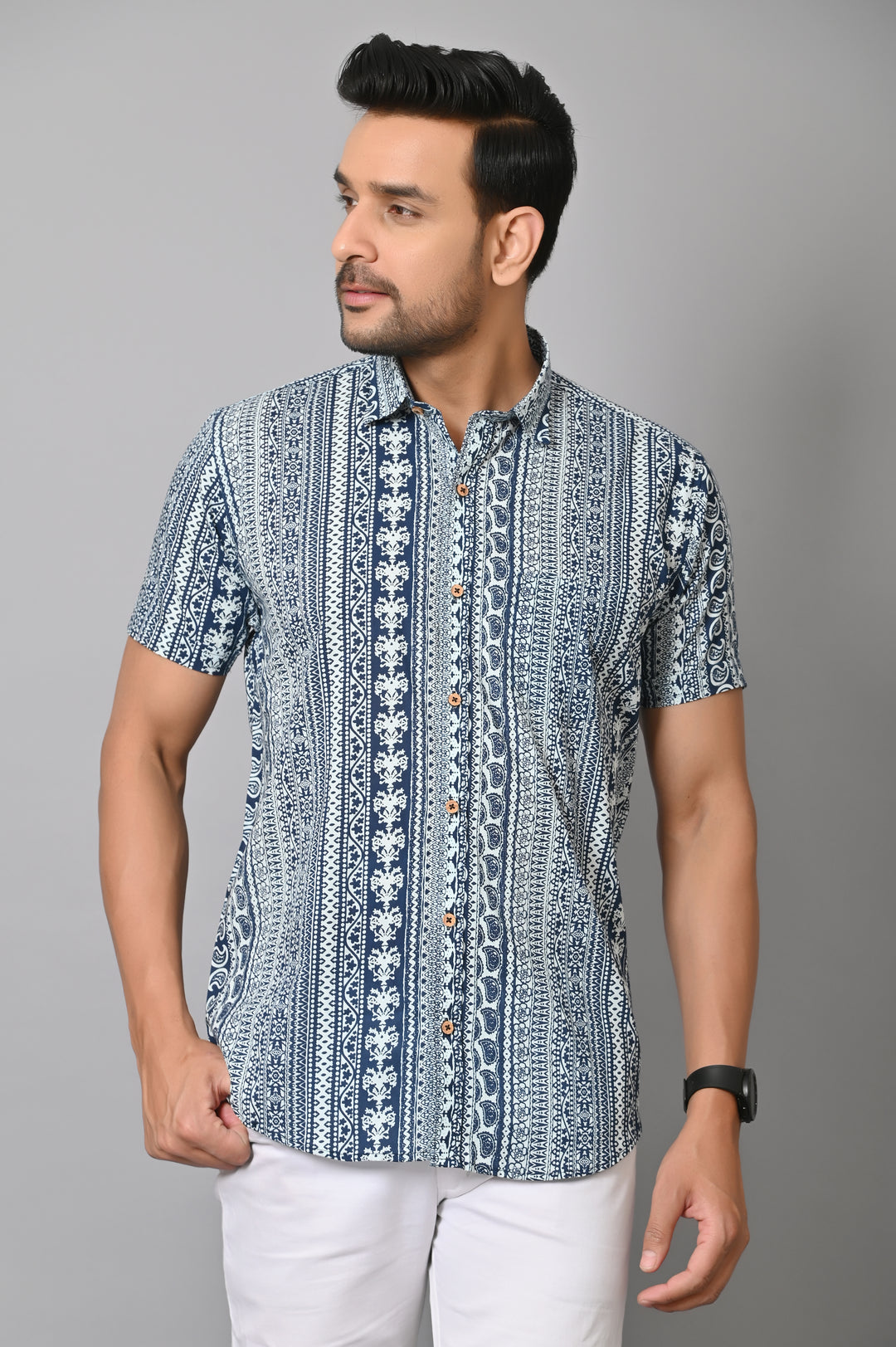VJR Stylish Floral Pattern On Denim Blue Base Printed Shirt