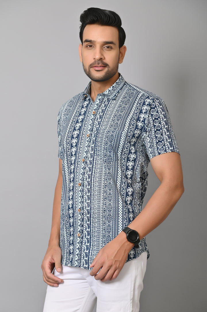 VJR Stylish Floral Pattern On Denim Blue Base Printed Shirt
