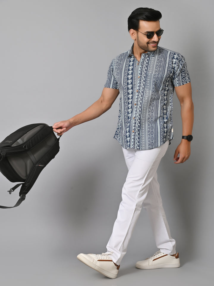 VJR Stylish Floral Pattern On Denim Blue Base Printed Shirt