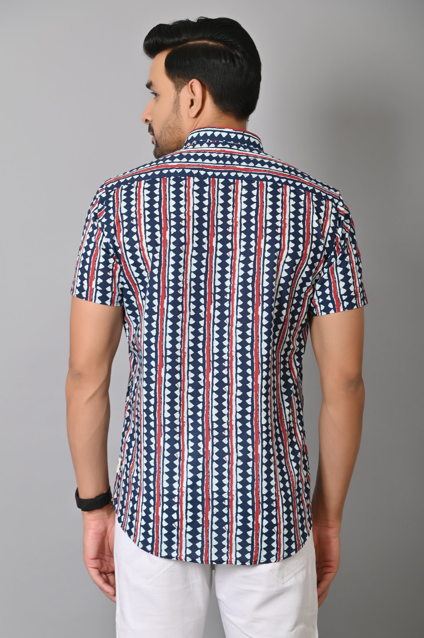 VJR Stylish Blue Geometrical Stripe Printed Shirt