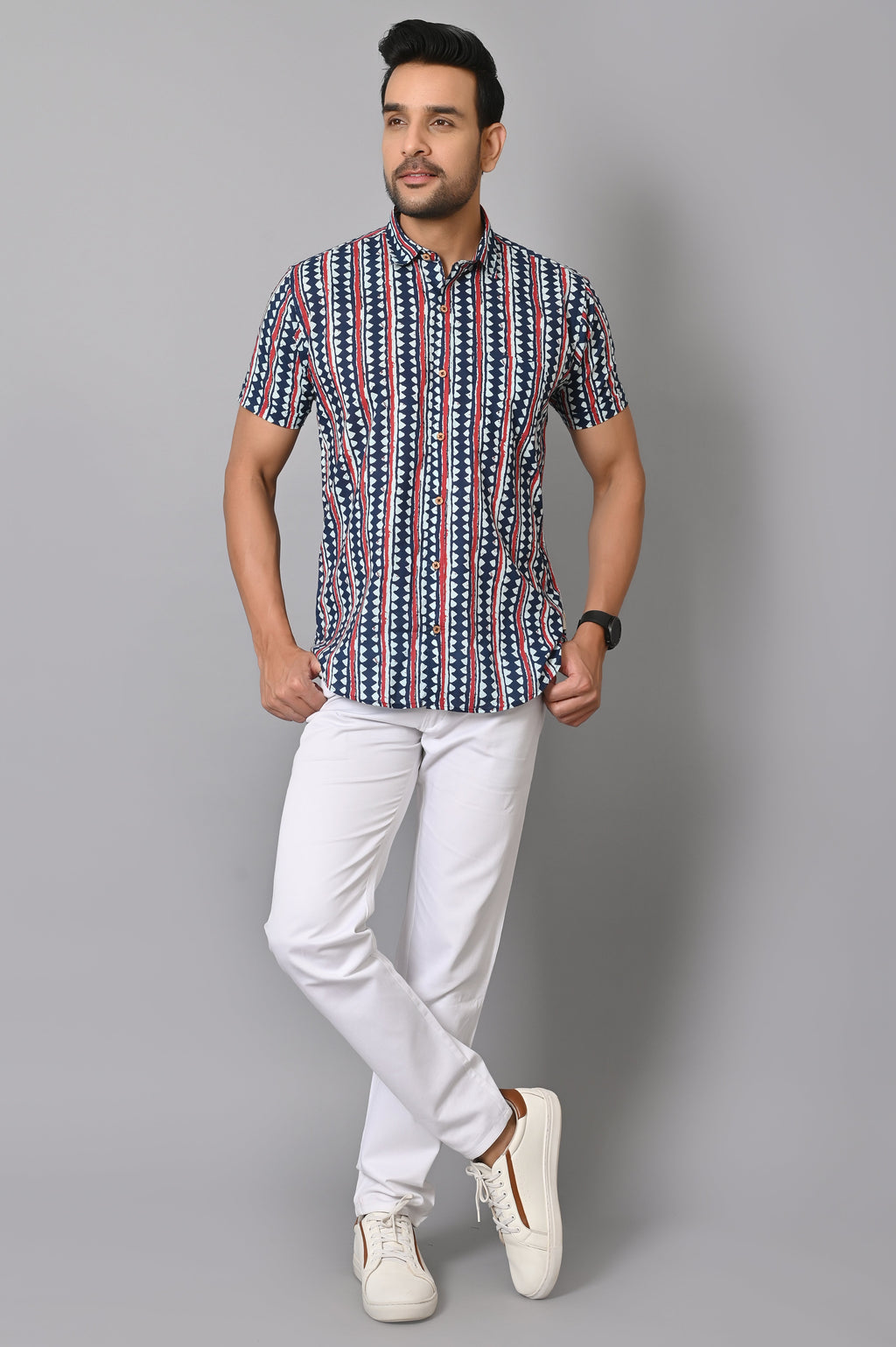 VJR Stylish Blue Geometrical Stripe Printed Shirt