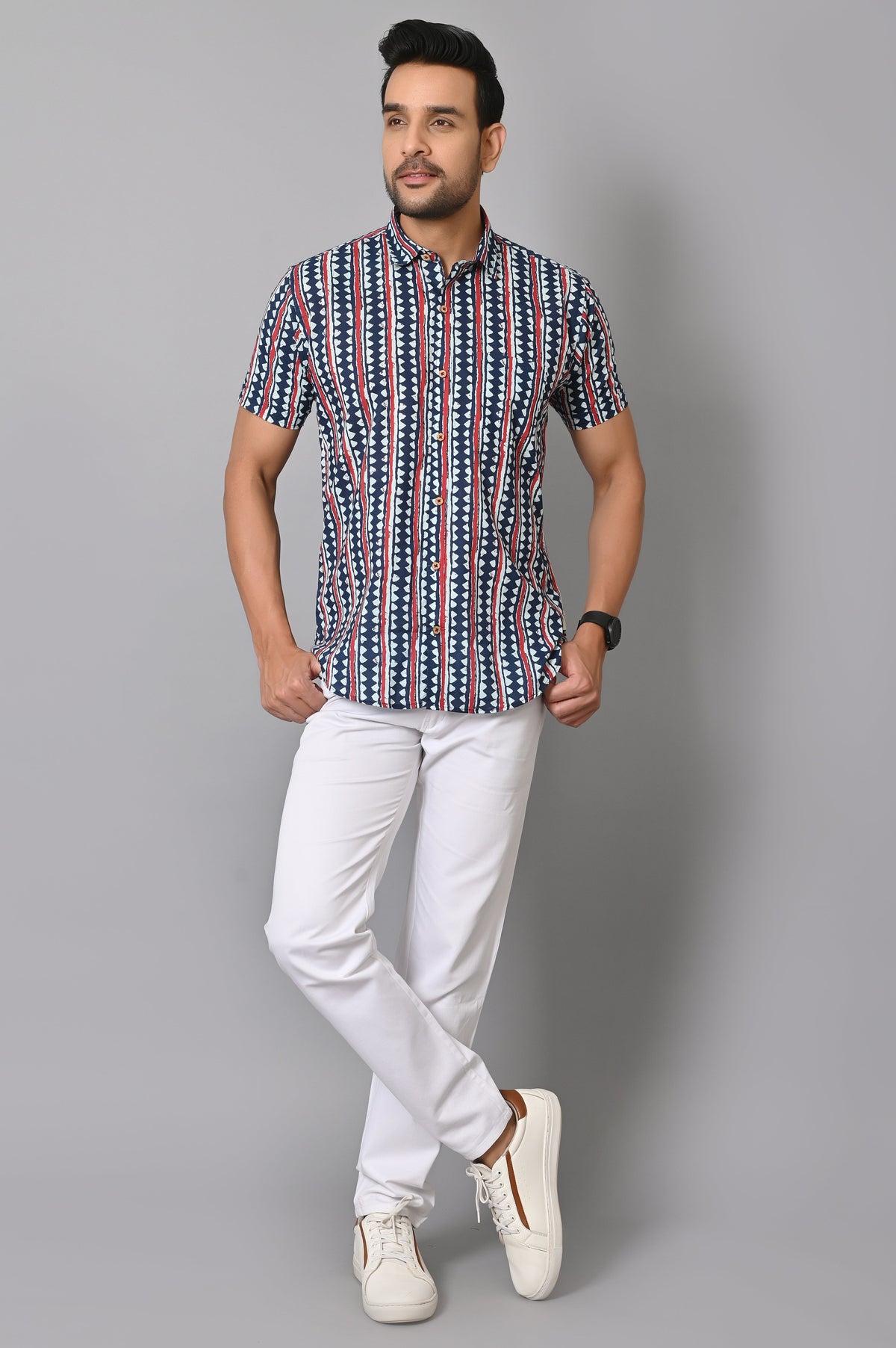 VJR Stylish Blue Geometrical Stripe Printed Shirt