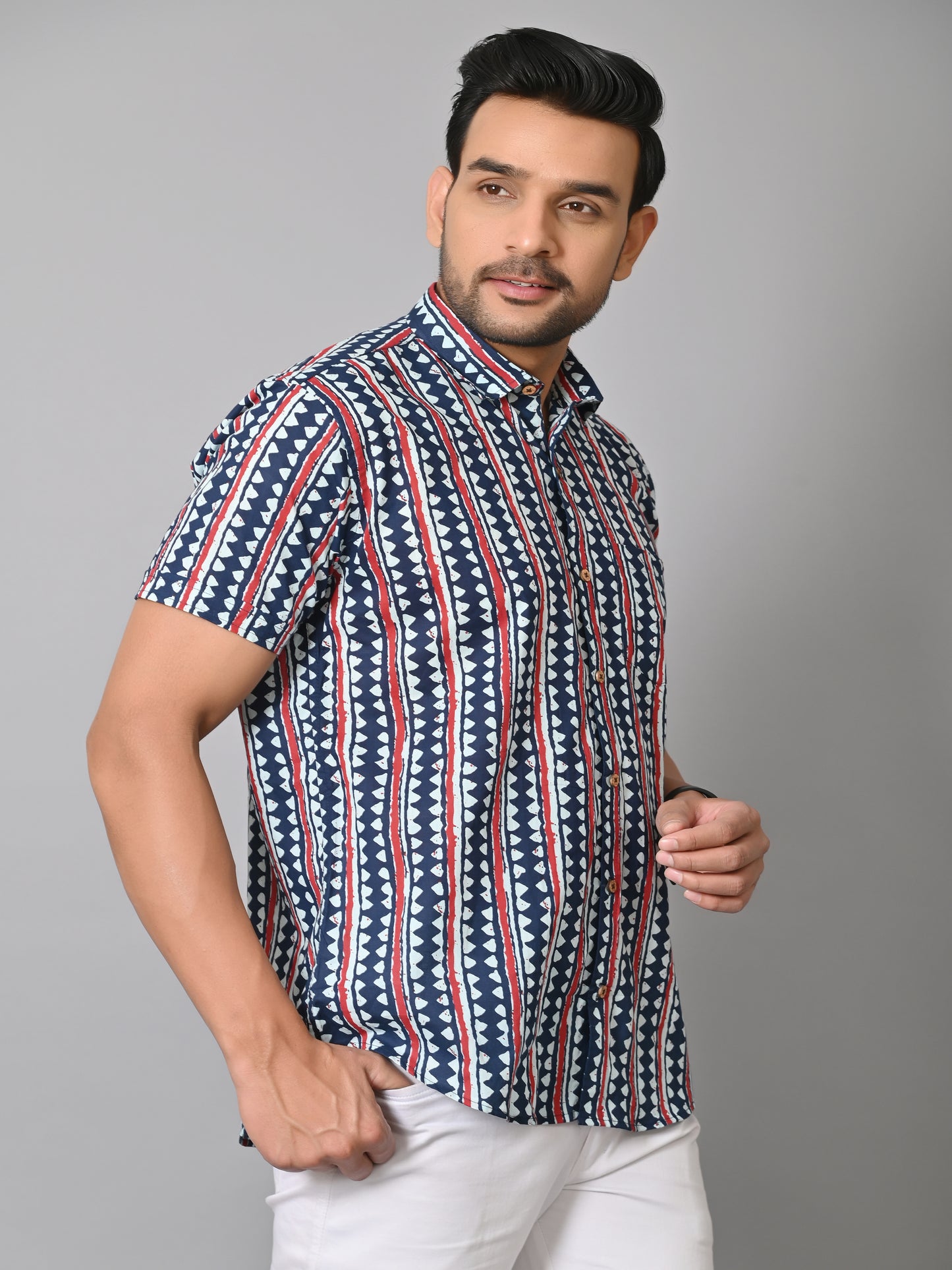 VJR Stylish Blue Geometrical Stripe Printed Shirt