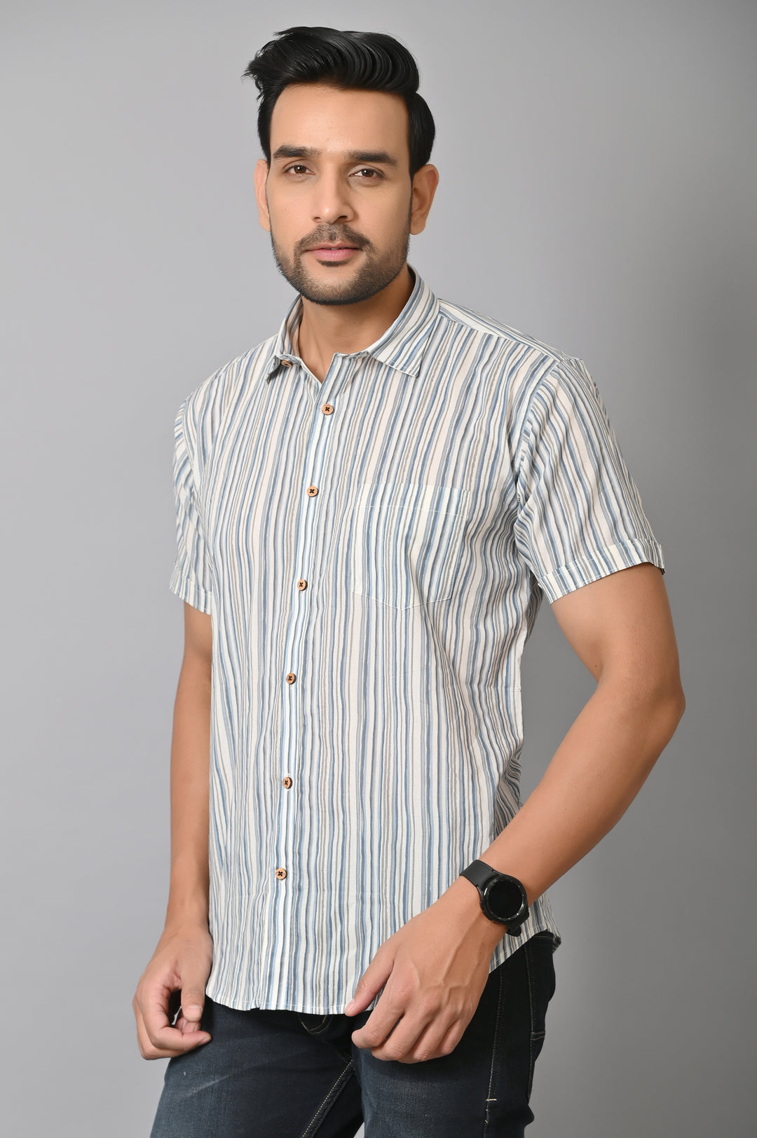 VJR Corporate Evergreen Gray Stripe Half Printed Shirt