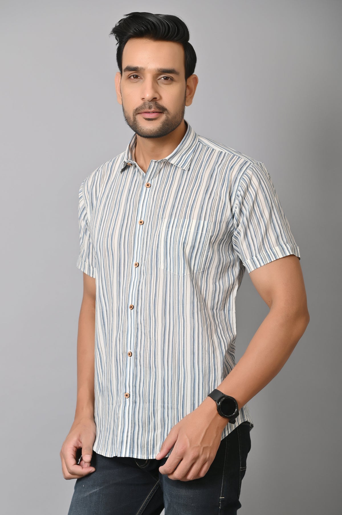 VJR Corporate Evergreen Gray Stripe Half Printed Shirt