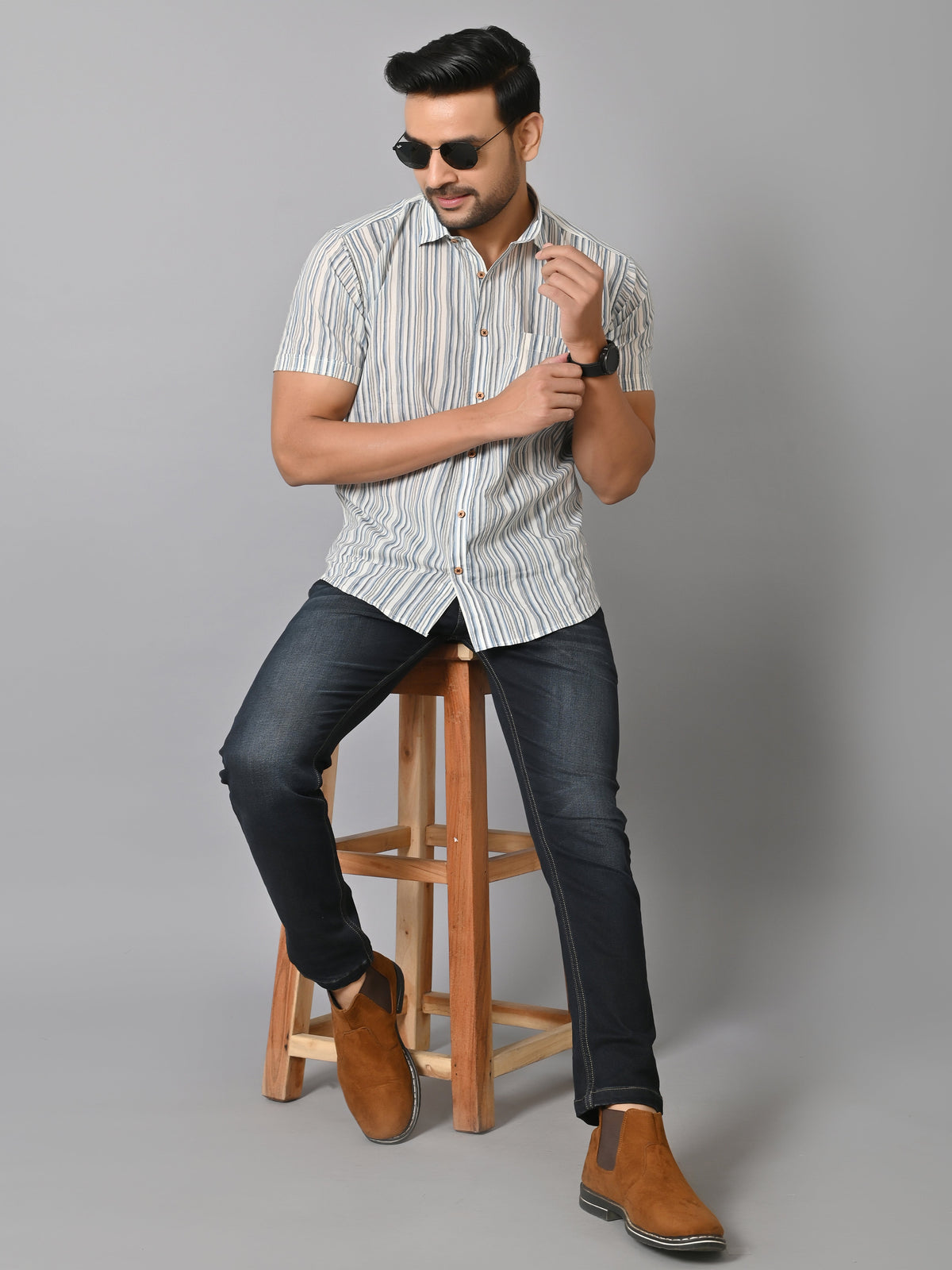 VJR Corporate Evergreen Gray Stripe Half Printed Shirt