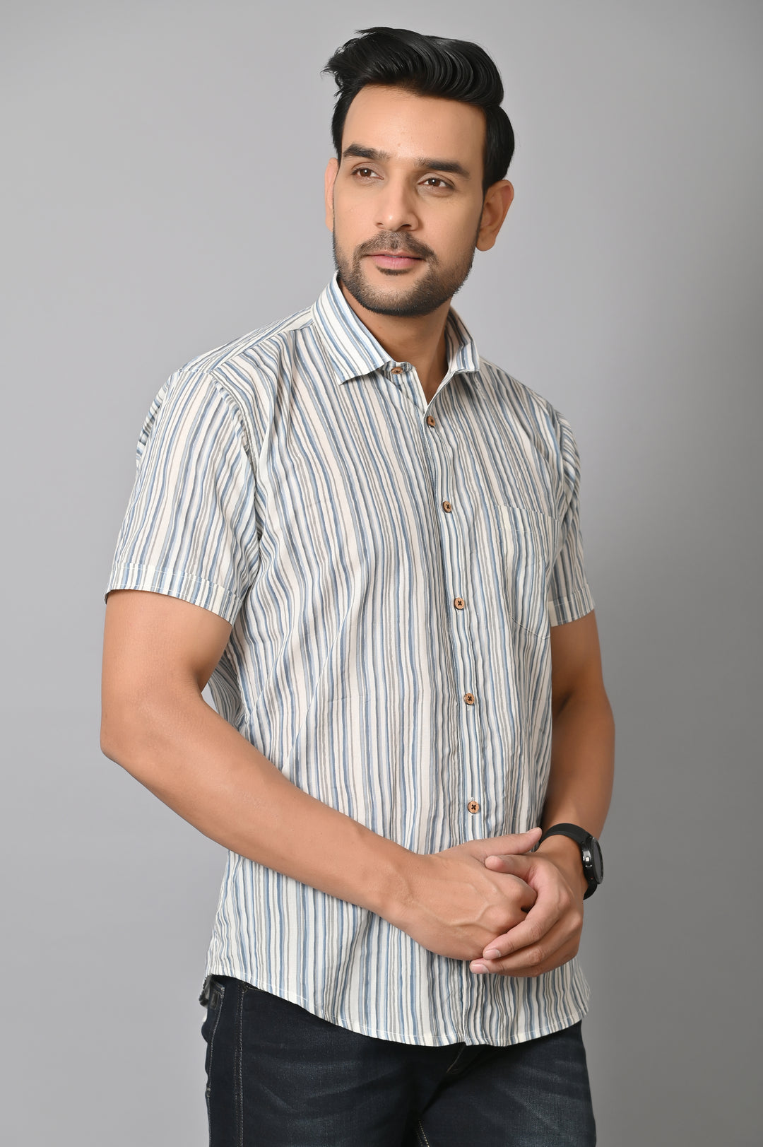 VJR Corporate Evergreen Gray Stripe Half Printed Shirt
