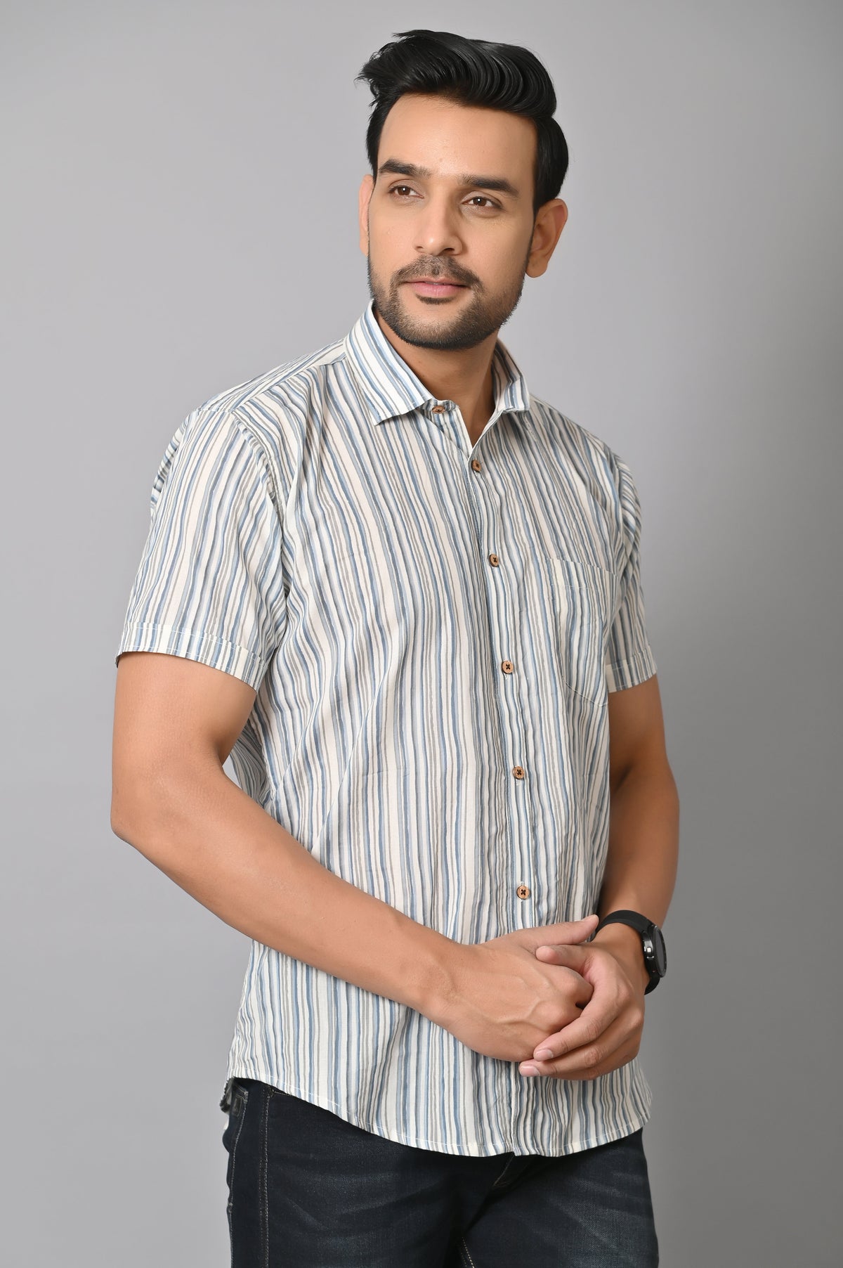 VJR Corporate Evergreen Gray Stripe Half Printed Shirt