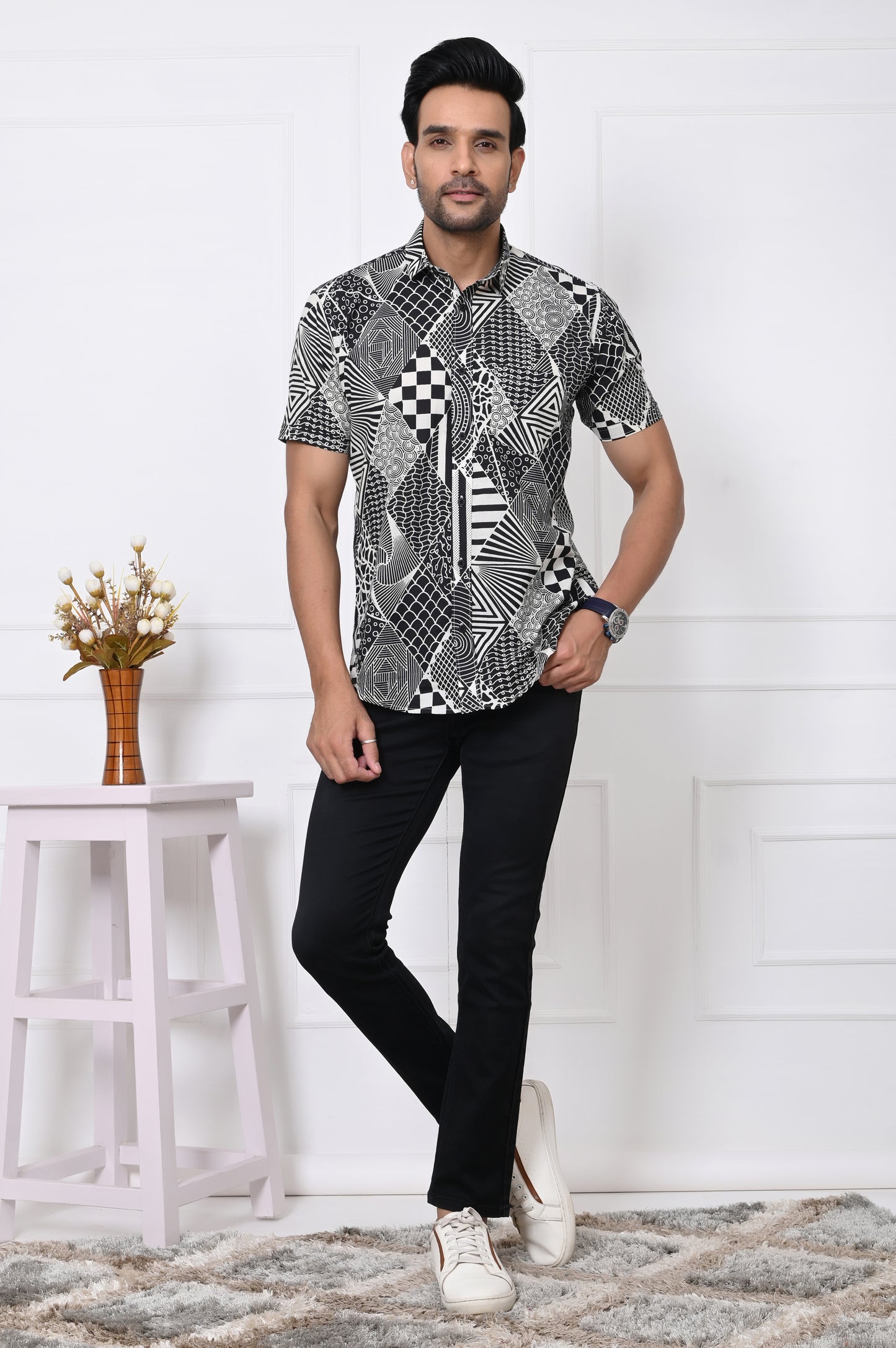 Black and white Abstract Patchwork Half Sleeves Shirt