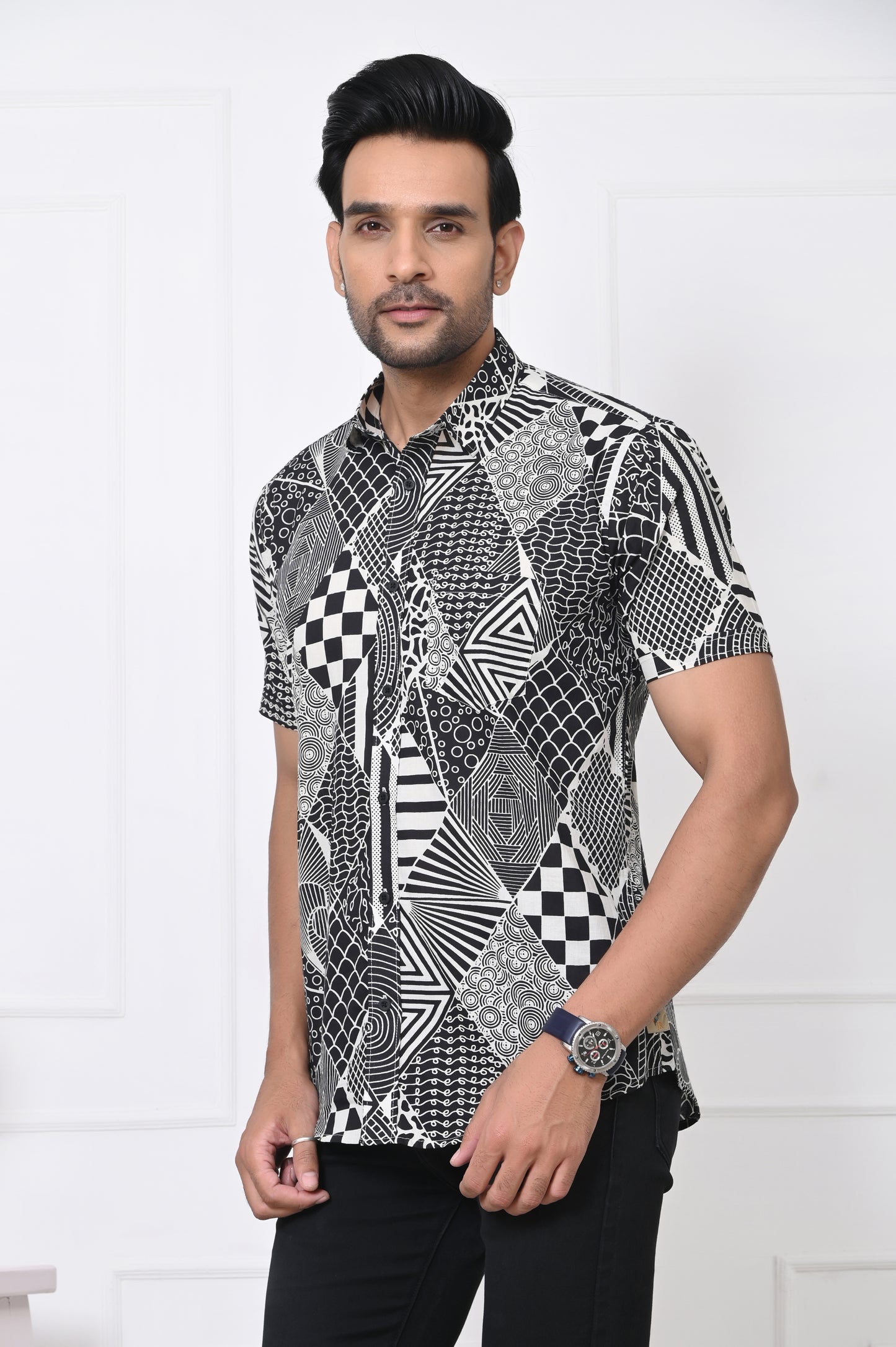 Black and white Abstract Patchwork Half Sleeves Shirt