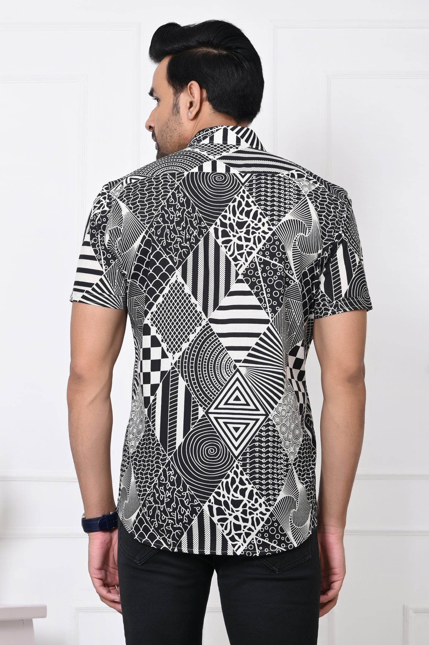 Black and white Abstract Patchwork Half Sleeves Shirt