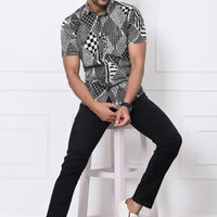 Black and white Abstract Patchwork Half Sleeves Shirt