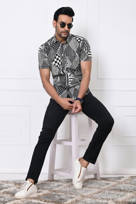 Black and white Abstract Patchwork Half Sleeves Shirt