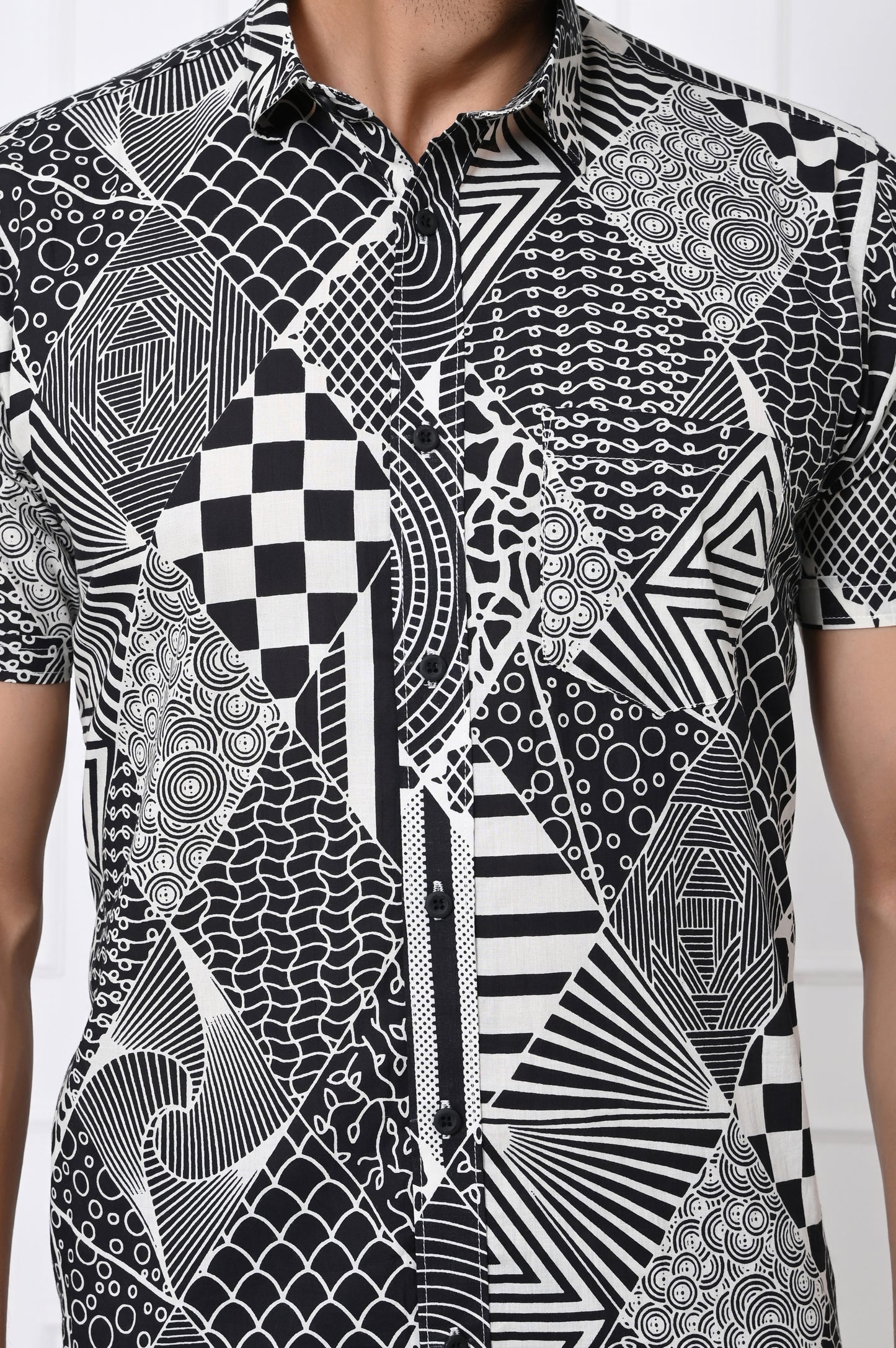 Black and white Abstract Patchwork Half Sleeves Shirt