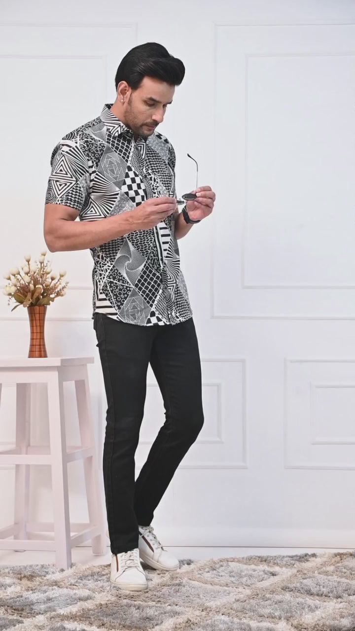 Black and white Abstract Patchwork Half Sleeves Shirt